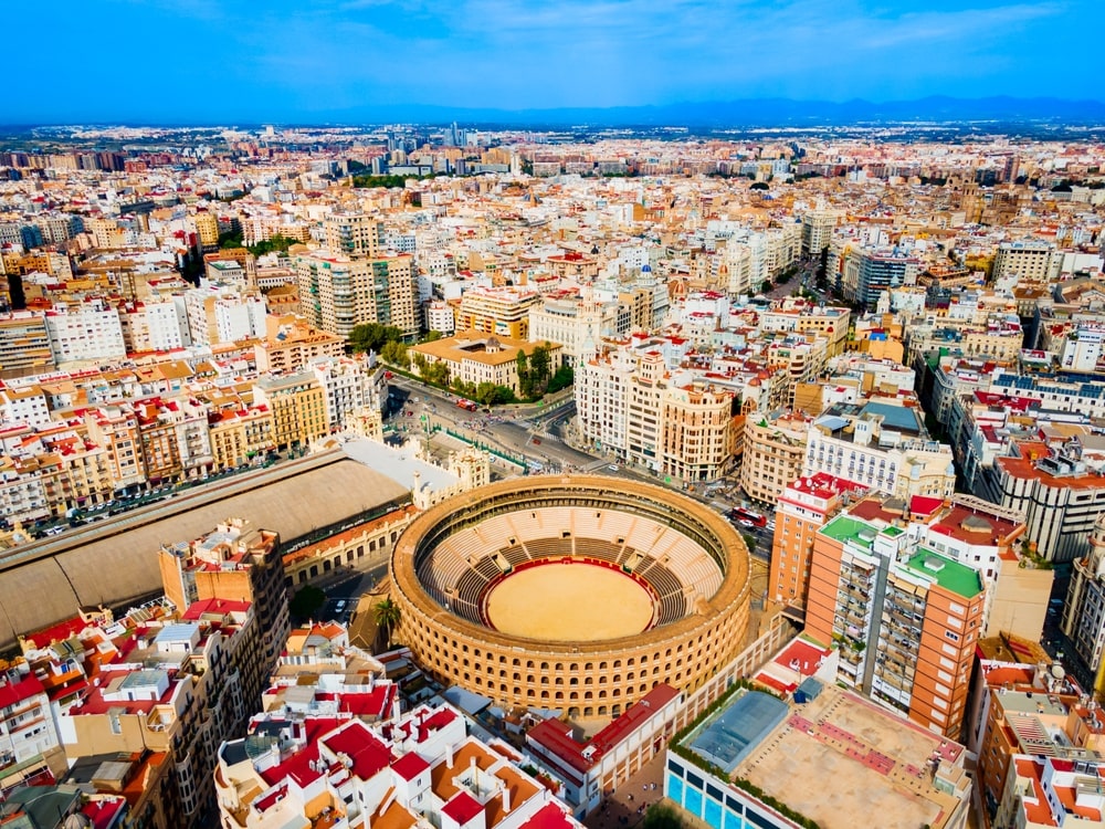 Plaza de Toros de Valencia or Plaza de bous aerial panoramic view. It is a bullring in Valencia city, Spain